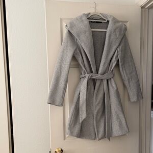 Zara Women's Light Gray Hooded Trench Coat knee length